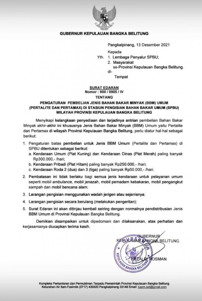 Surat Edaran Gubernur Tentang Pengaturan Pembelian BBM